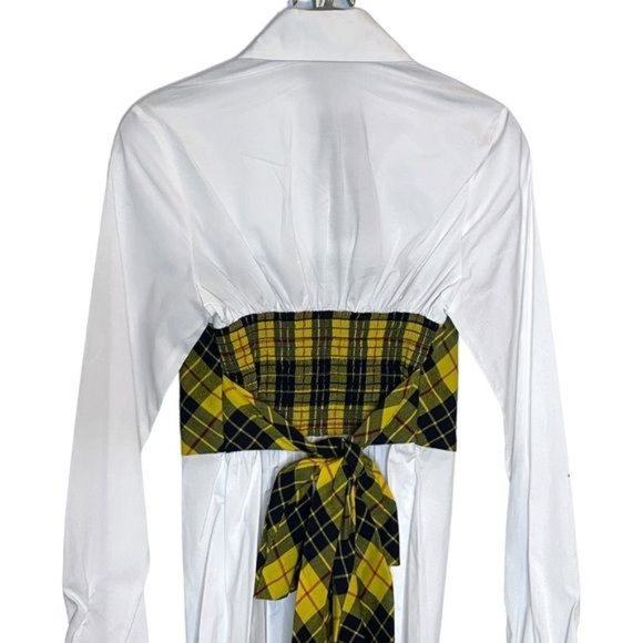 Petersyn Monroe Blouse Plaid Tartan Panel Tie Back Blouse White Yellow S - Picture 11 of 16